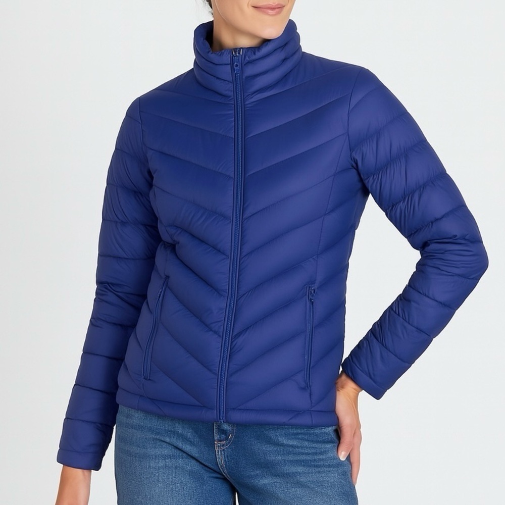 Core Cobalt Puffer Jacket Down Feather Funnel Neck Packable Quilted Blue M